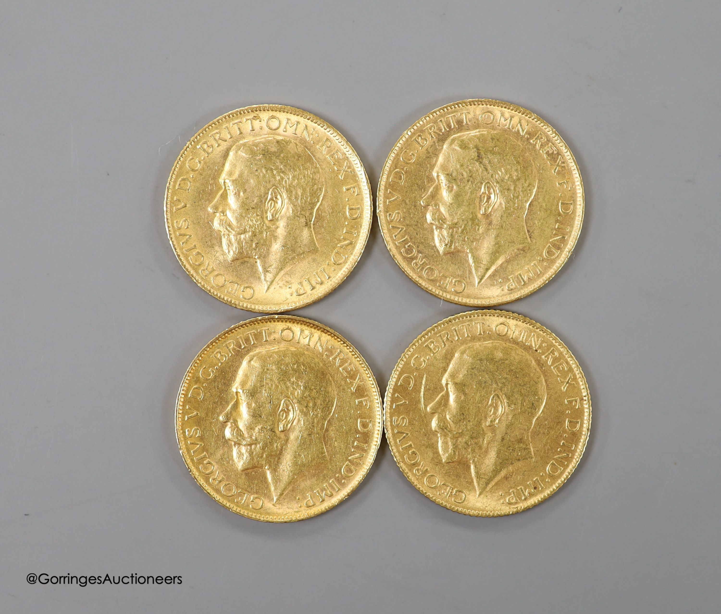 Four George V gold sovereigns, 1911, 1913, 1915P and 1918P